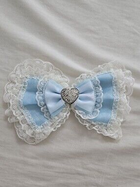 La Pafait Super Rare Hime Gyaru Blue White Lace Bow with Heart Rhinestone